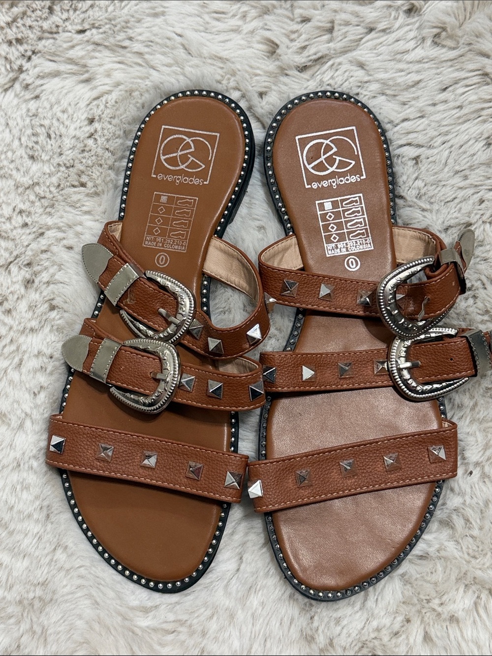 Everglades Women's Tan Studded Double-Buckle Slide Sandals